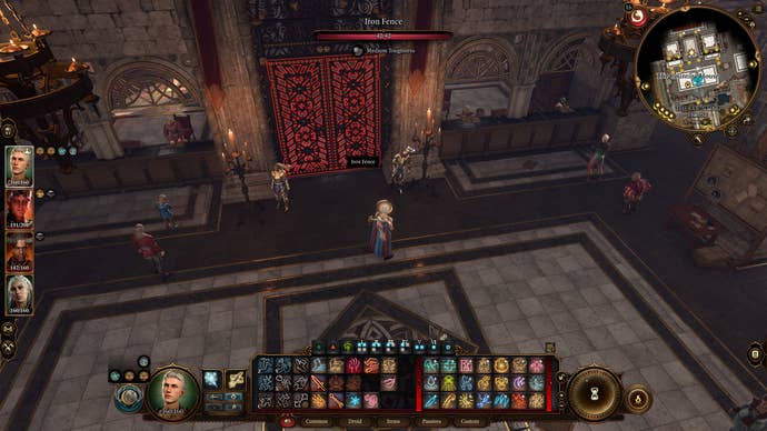 Tav and his group hide around a closed door in the Counting House in Baldur's Gate 3.