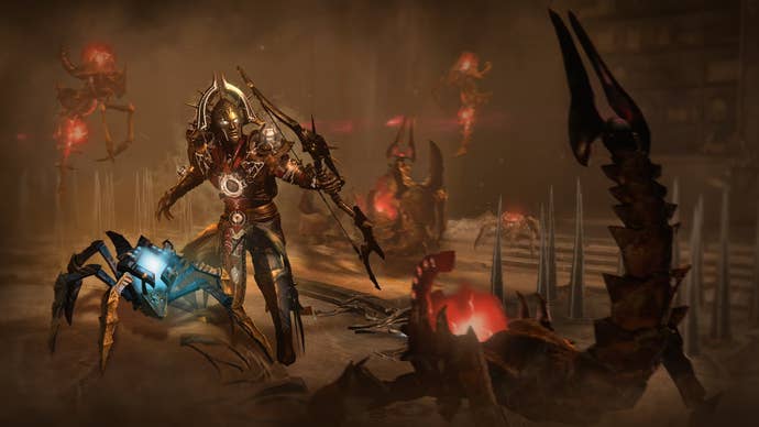 A player character and companion in Diablo 4, in a hellish environment.