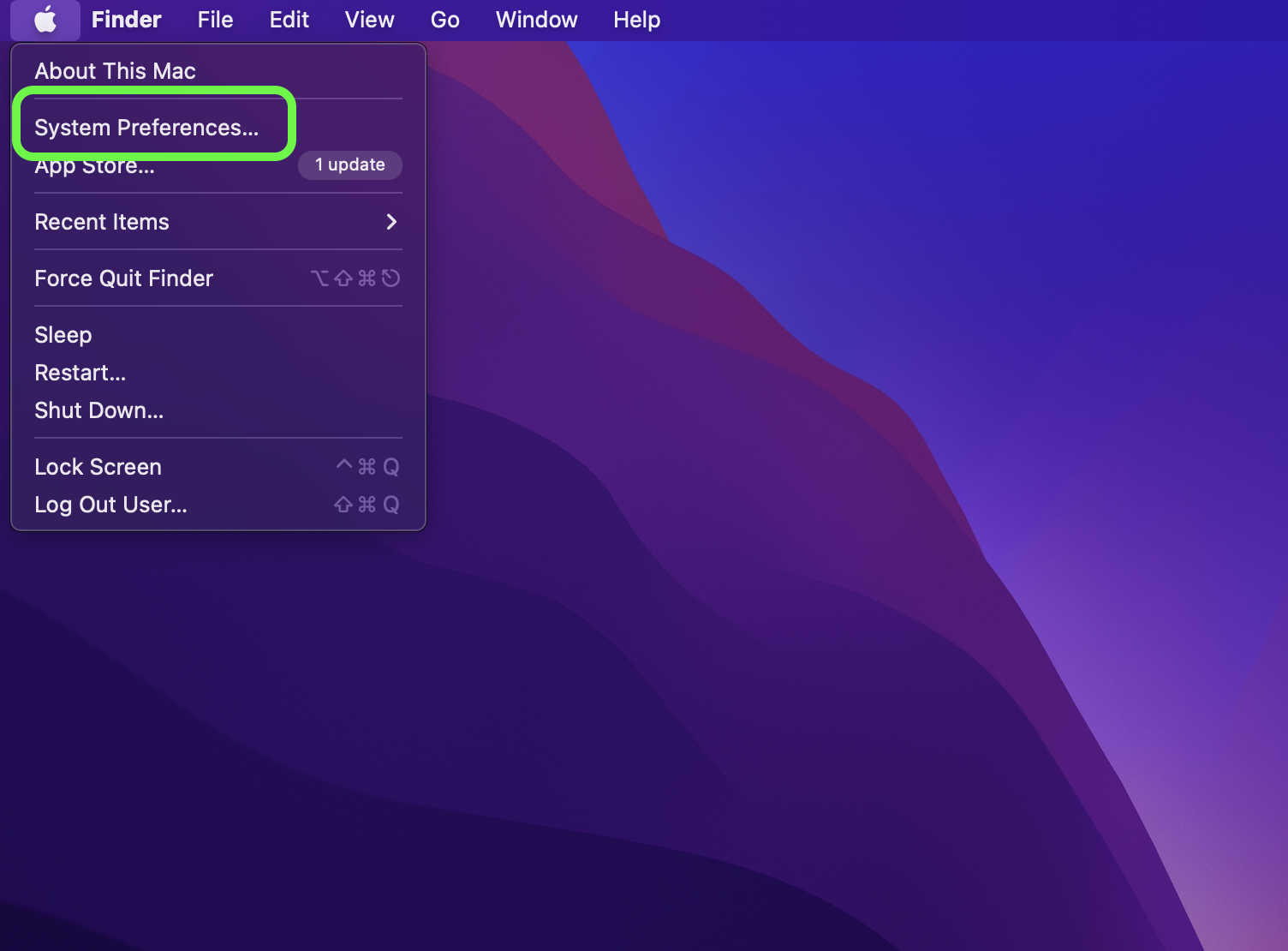 macOS desktop with the Apple menu open and System Preferences highlighted
