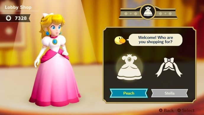 Princess Peach is shown browsing the lobby store in Princess Peach: Showtime