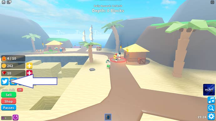 A screenshot of Treasure Hunt Simulator on Roblox showing the game's codes button.