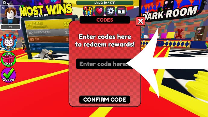 Arrow pointing to the code menu in Circus Tower Defense.