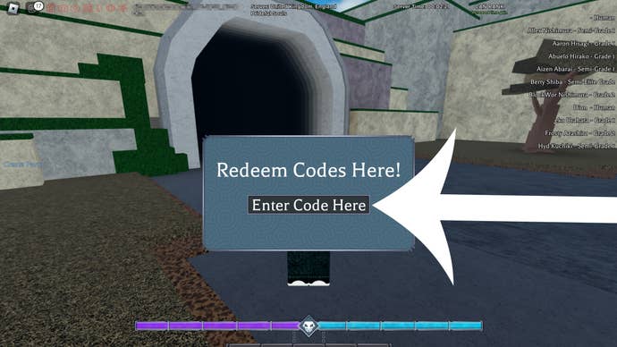 Arrow pointing to the code redemption menu in the Roblox game Type Soul.