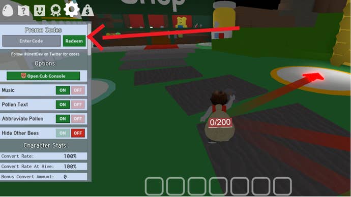 Roblox Bee Swarm Simulator code redeem menu on the left side of the screen.  An arrow points to the code redemption box.