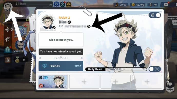 Arrows pointing to the buttons that players need to press to get their account ID in Black Clover M.
