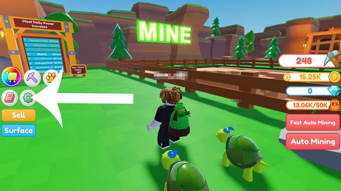 Gameplay screenshot of Clicker Mining Simulator showing a character in the game world and UI buttons on the screen.