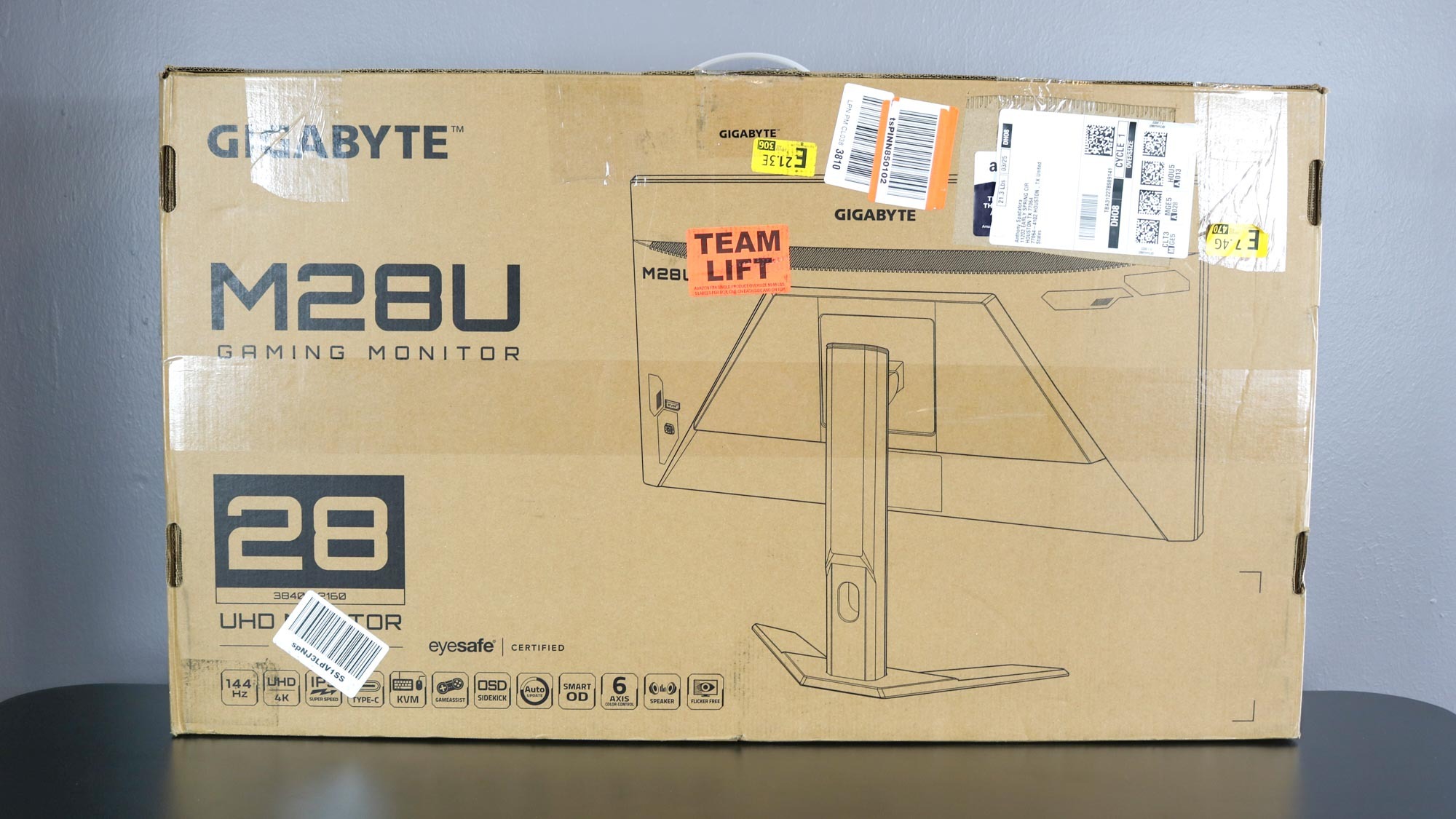 The box my open-box Gigabyte M28U monitor arrived in