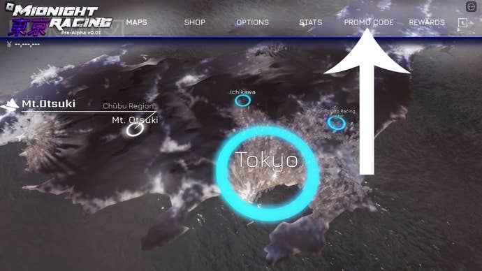 Screenshot of the Roblox game Midnight Racing Tokyo with an arrow pointing to the button players must press to redeem a code.