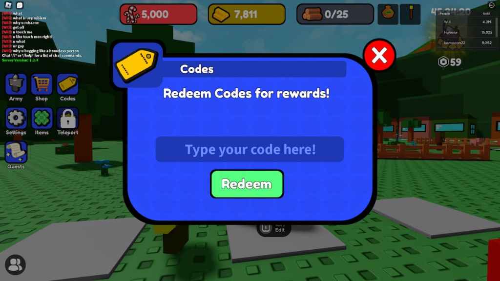 Roblox Control Army Codes