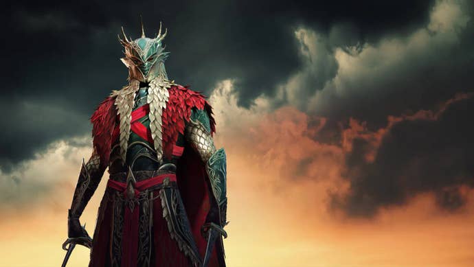 Locwain from RAID Shadow Legends was against a cloudy sky.