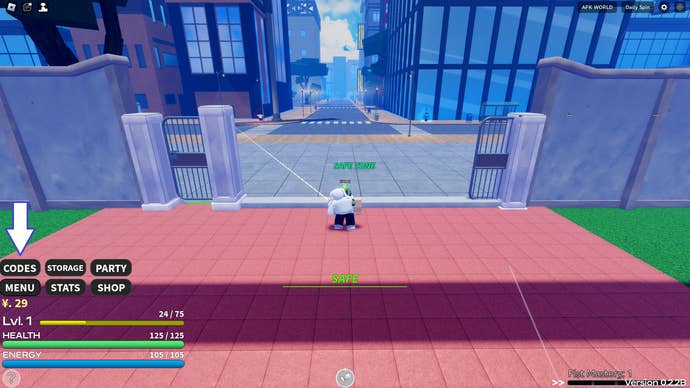 A screenshot of Anime Quest on Roblox showing the game's codes button.