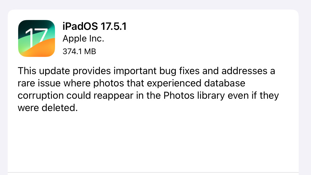 A screenshot of the iPadOS 17.5 patch notes, which fixes the photo recovery bug