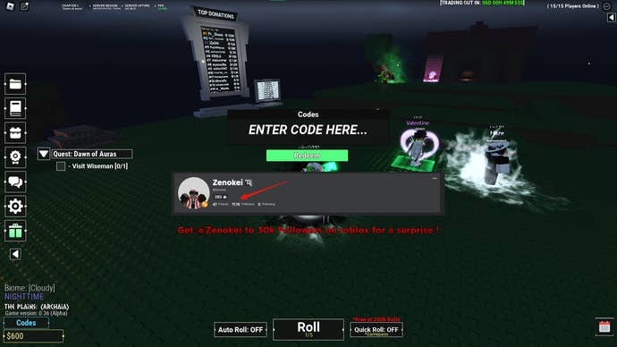 A screenshot of Unknown RNG on Roblox showing the game's code page.