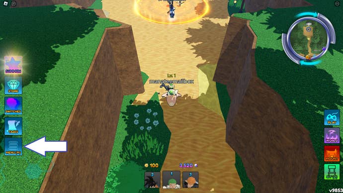 A screenshot from Anime Switch on Roblox showing the game's menu button.
