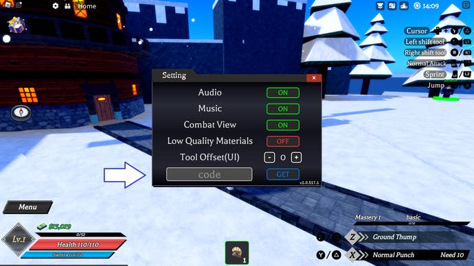 A screenshot of Demon Blade in Roblox showing the game's code field.