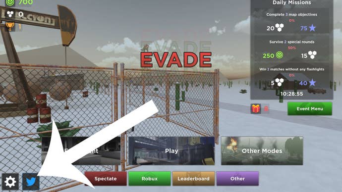 The Roblox Evade game opening menu screen showing the button you need to press to redeem a code highlighted with a white arrow.