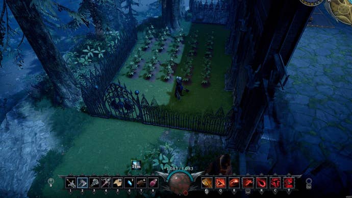 The player stands next to some cotton crops in the garden outside his castle in V Rising.