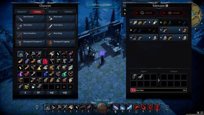 The player crafts silver coins with a maker inside their castle in V Rising.
