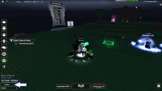 A screenshot of Unknown RNG in Roblox showing the game's codes button.