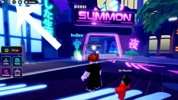 Arrow pointing to the button that players must press to navigate to the Codes menu in Anime Defenders.