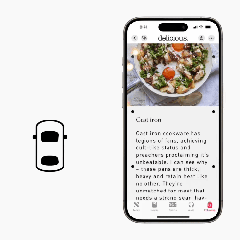 Vehicle Motion Cues animation showing points on an iPhone reacting to the movement of a vehicle