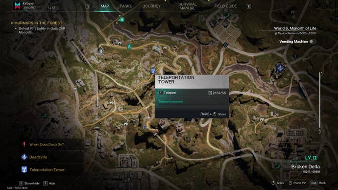 A teleport tower is shown in Broken Delta on the Once Human map