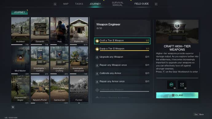 The Journey menu, where rewards can be claimed for reaching certain in-game milestones in Once Human, can be claimed