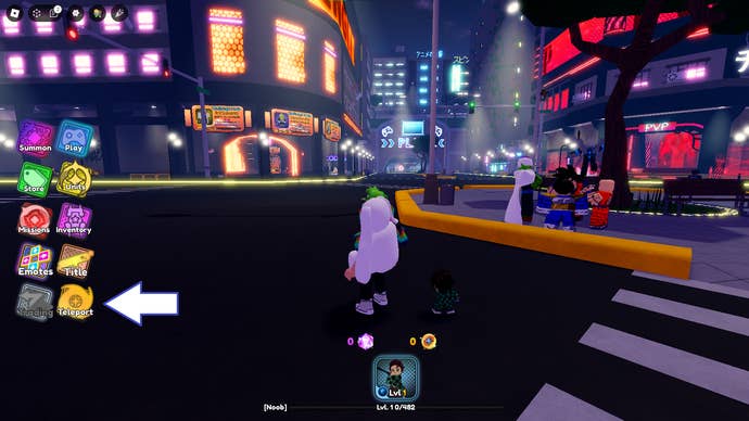 A screenshot from Anime Impact on Roblox showing the game's teleport button.