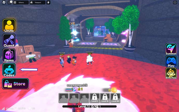 A screenshot of Anime Protectors Defense on Roblox showing the in-game codes button.