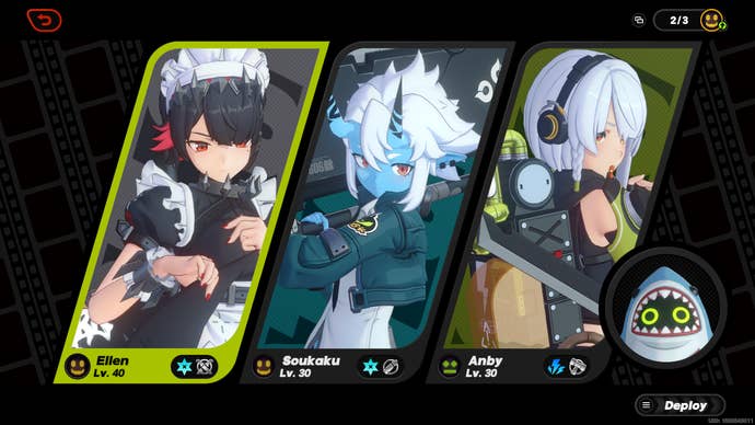 A team composition for Ellen is shown, consisting of Soukaku, Anby, and Sharkboo in Zenless Zone Zero.