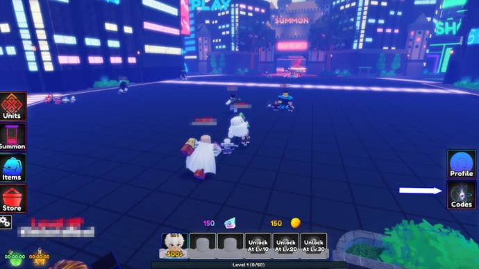 A screenshot of Anime Guardians on Roblox showing the in-game codes button.