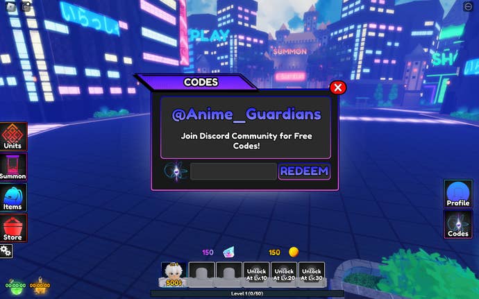 A screenshot of Anime Guardians on Roblox showing the game's code page.