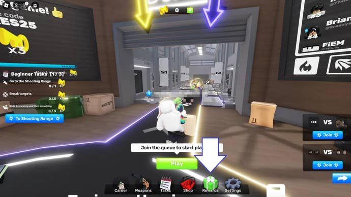 Arrow pointing to the rewards button in the Roblox Rivals game.