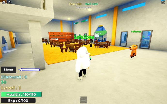 A screenshot of Rock Fruit in Roblox showing the game's Menu button.