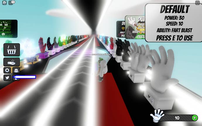A screenshot of Slap Battles in Roblox showing the game's Twitter logo button.