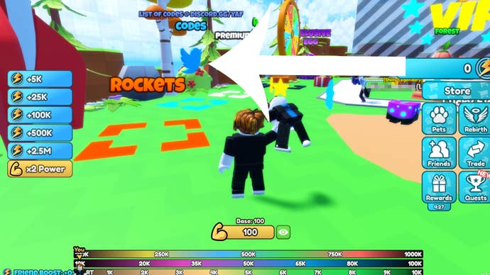 Image showing an arrow pointing to the button players must press to redeem a code in the Roblox Yeet a Friend experience.
