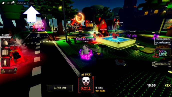 Ảnh chụp màn hình từ Horrors RNG trong Roblox hiển thị nút mã của trò chơi.