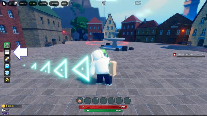 Ảnh chụp màn hình từ Hunter Era trong Roblox hiển thị nút menu của trò chơi.